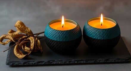 Two teal and black candles burning brightly on a slate tray with dried leaves
