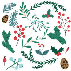 Christmas botanical clipart set. Hand drawn pine branches, holly leaves, mistletoe, berries, and pine cones. Festive winter foliage in flat cartoon style on white background. Vector illustration