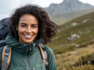 Happy Hispanic woman hiking in mountainous region during daytime