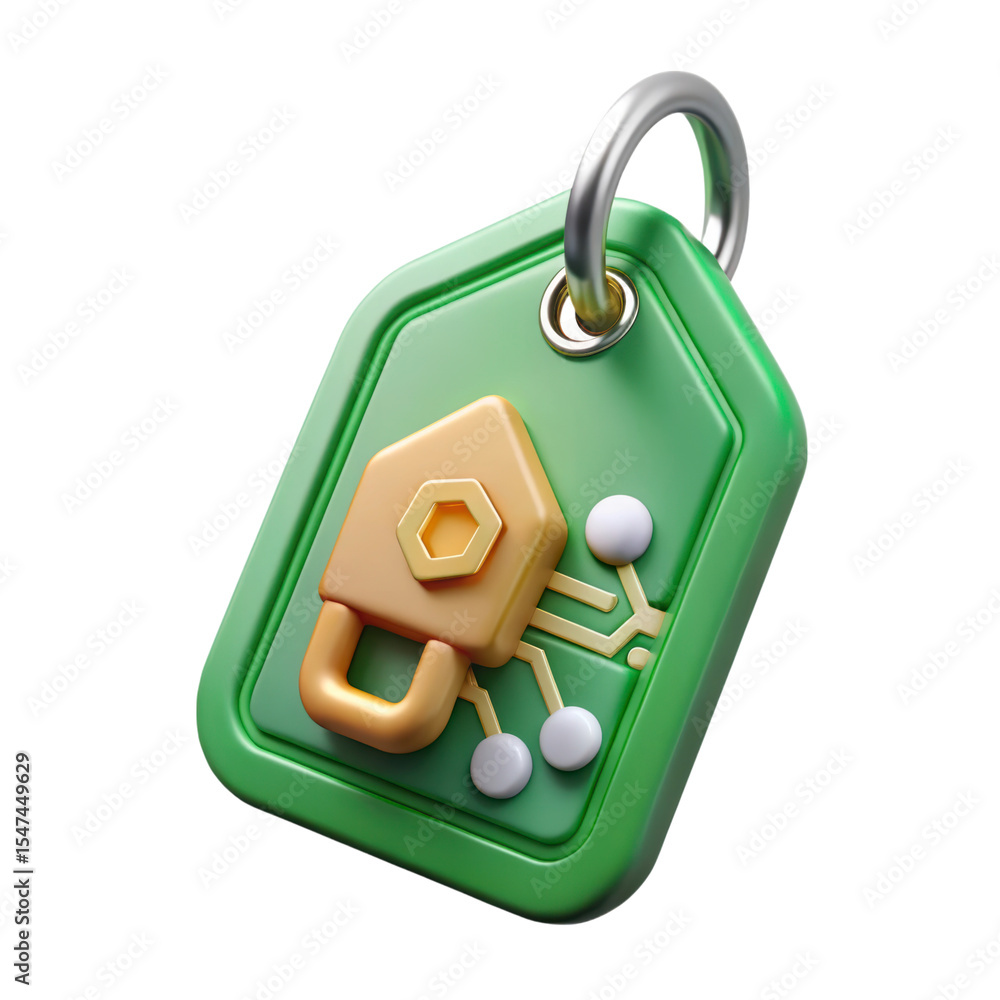 Poster secure green tag with key ring 3d rendering plastic style icon on background isolated