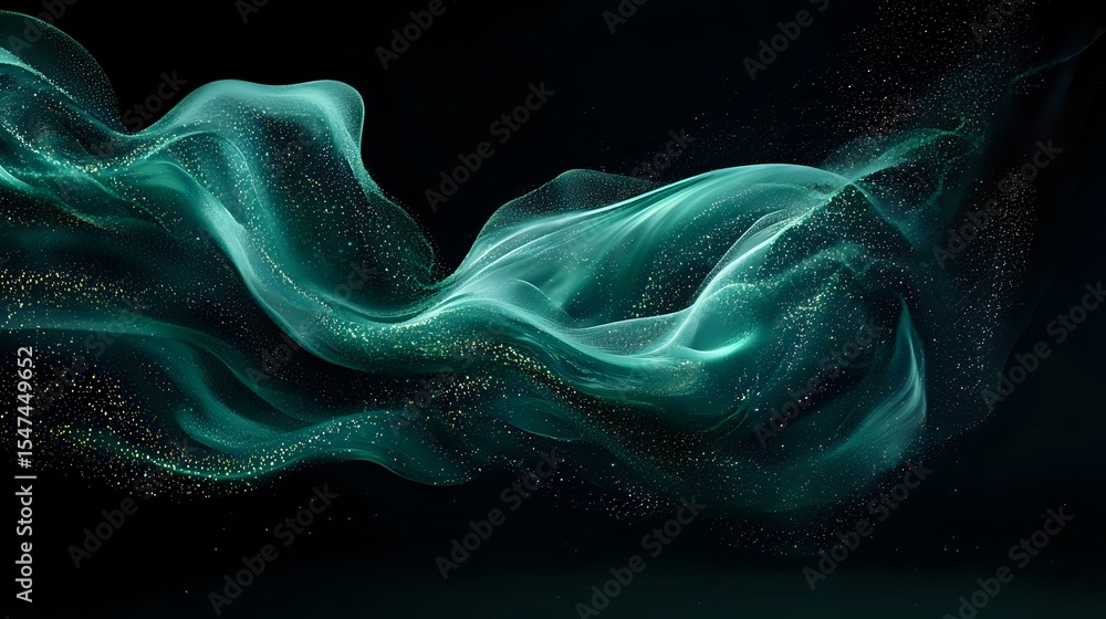 Poster ethereal turquoise smoke waves with glowing particles flow against dark background creating mystical