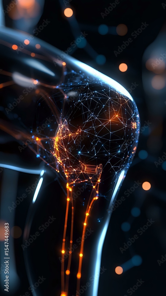 Poster glowing network connections form inside light bulb against dark background with bokeh lights, repres