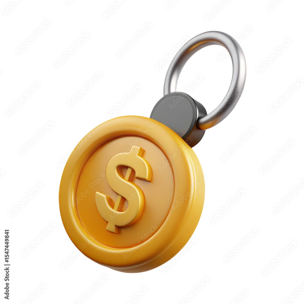 Poster key ring 3d rendering of a gold coin with dollar symbol plasticstyle icon isolated on transparent ba