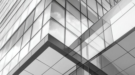 A modern glass building, featuring architectural details, geometric shapes, and a minimalist background.