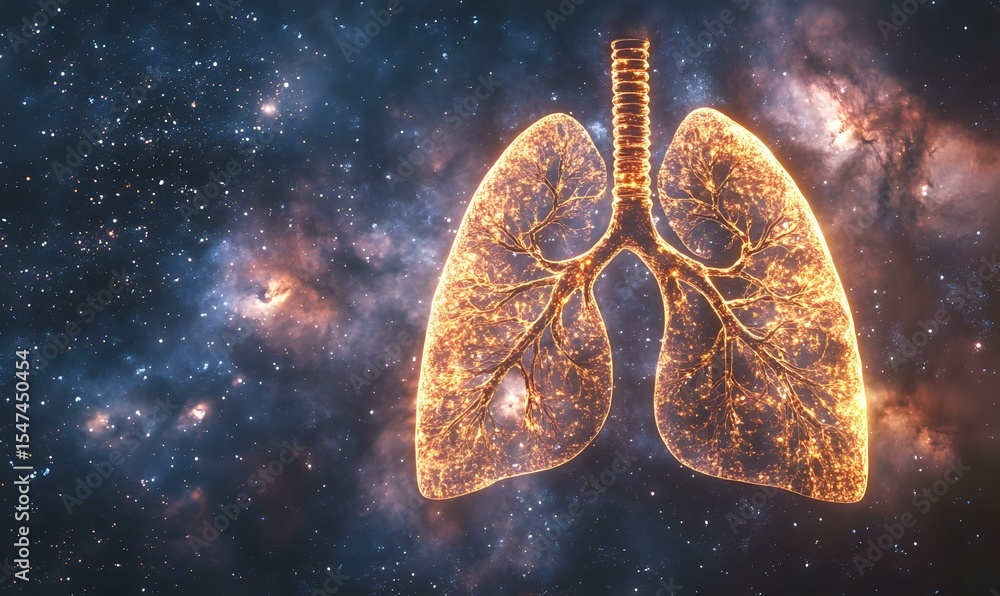 Poster glowing human lungs with bronchial tree structure floating in cosmic space with colorful nebula and 