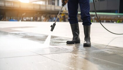 Obraz premium Worker Power Washing Pavement Cleaning Service.