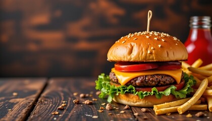 create an image featuring a delicious hamburger and french fries on a dark wooden background, with rose gold tones