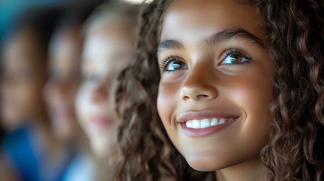 Young African American girl with curly hair and bright smile looking up with hopeful expression against blurred background. For advertising and social campaigns.