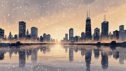 Artistic watercolor painting of chicago skyline during a snowy evening reflection