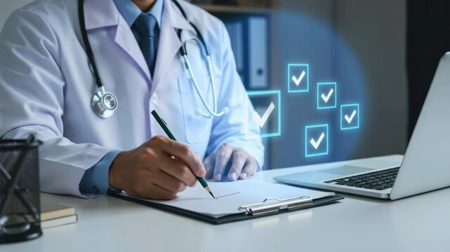 Medical Professional Conducting Patient Evaluation Office Setting Digital Health Record Management Professional Environment Close-Up Viewpoint Healthcare Efficiency