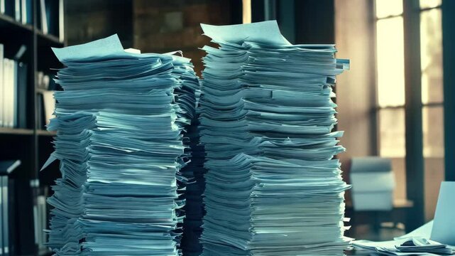 Piles of business papers scattered on a cluttered table in an office setting, many piles papers business on table video background seamless ing quality