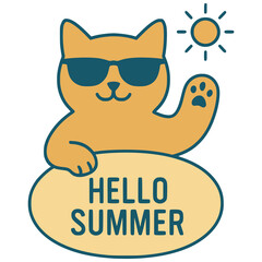 cat say hello summer flat color vector illustration template design