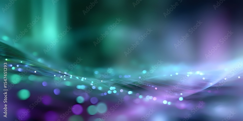 Poster dreamy abstract background with blurred turquoise and purple bokeh lights, flowing energy waves and 