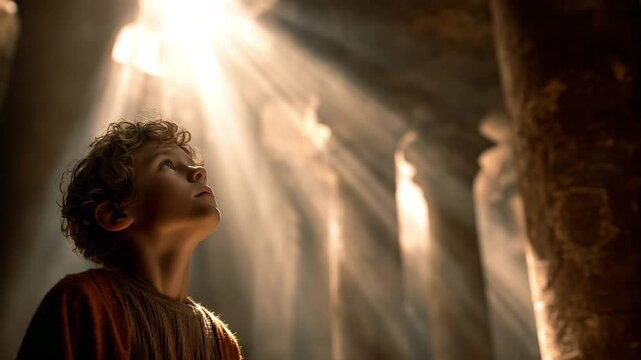 Samuel gazes upward as he hears gods voice in a dimly lit, ethereal space, illuminated by soft beams of light, evoking a sense of wonder and spirituality. From the book of Samuel.