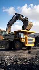 Powerful Excavator Loading Mining Dump Truck in Quarry.