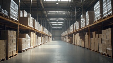 Wide warehouse interior with packed shelves