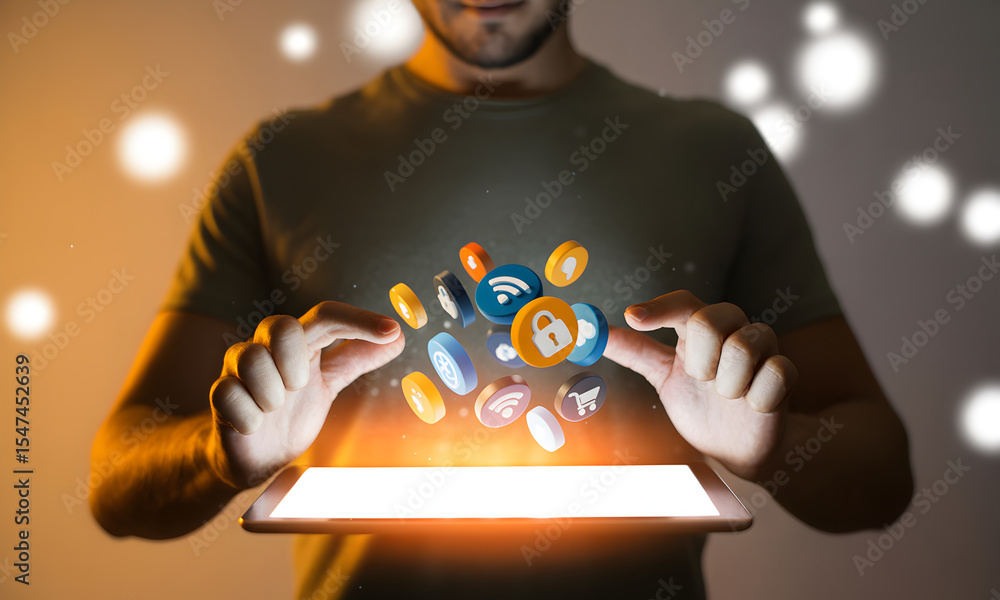 Poster man using tablet, app icons floating