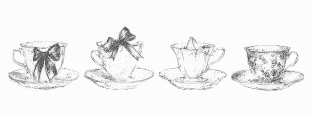 Set of elegant vintage tea cups with delicate bows in retro stipple sketch style. Noisy gritty dot halftone texture, hand drawn tea time illustrations.