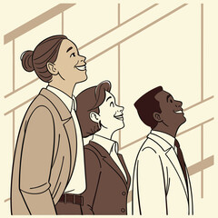 Diverse Business Team Looking Upward with Optimism and Hope in a Modern Office Building