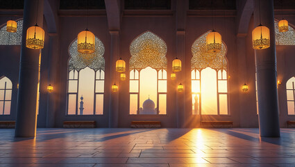 Beautiful mosque interior featuring golden lanterns and sunset through intricate windows