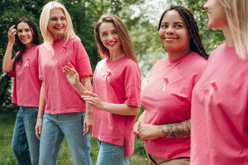 Women wearing pink ribbons supporting breast cancer awareness walking together in park