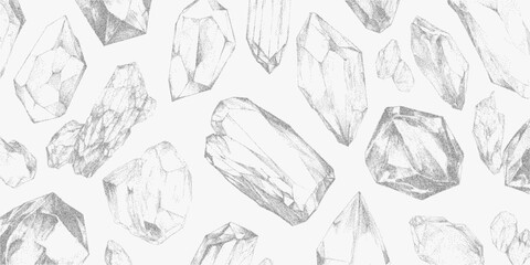Hand drawn cluster of shimmering crystals and mineral shards. Retro stipple pop art with noisy halftone effect, perfect for mystical decor or alchemy themes.