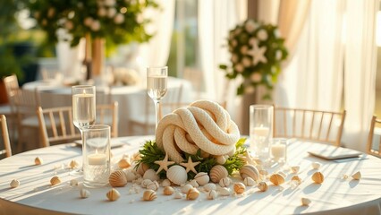 A seaside wedding table adorned with nautical theme decor, white linens, and subtle details.

