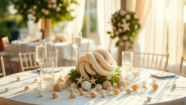 A seaside wedding table adorned with nautical theme decor, white linens, and subtle details.

