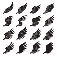 Collection of Sixteen Black and White Wing Illustrations for Design and Decoration Purposes