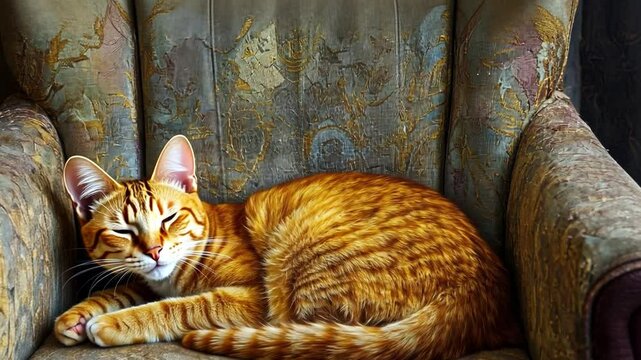 This footage features a gorgeous ginger cat sleeping peacefully in an inviting armchair. Ideal for soothing themes and pet-related projects. Generative AI