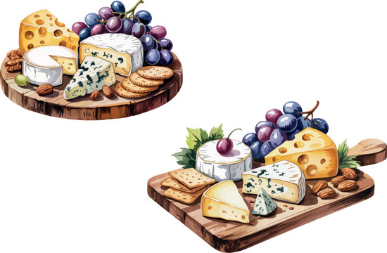 A watercolor illustration of a gourmet cheese platter with brie, blue cheese, and aged cheddar, accompanied by grapes, nuts, and crackers, all arranged on a rustic wooden board