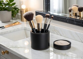 Three Makeup Brushes in Black Holder on Marble Vanity