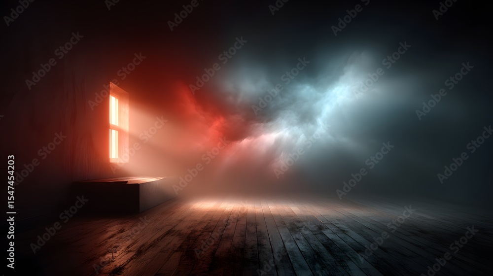 Poster a dimly lit room with a beam of light shining through a window creating an atmospheric and mysteriou