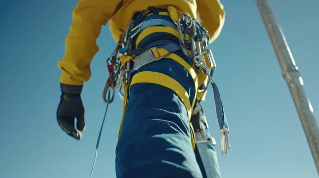 Worker in safety gear climbing