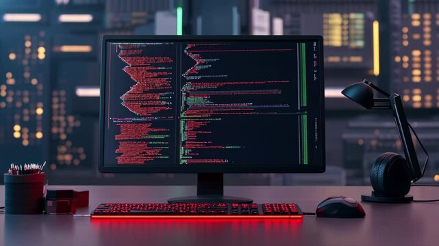 Computer software development concept with coding displayed on monitor in a modern workspace at night, Computer software development concept Minimal cartoon style 3D render