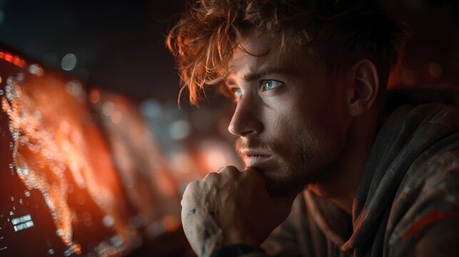 A powerful and emotive close up portrait showcasing a thoughtful introspective individual captured in dramatic lighting that creates an atmospheric and cinematic mood