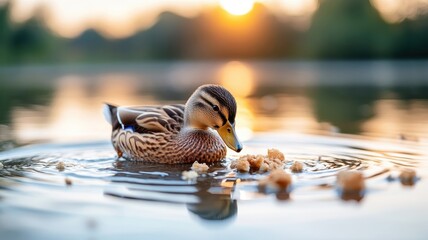 A duck munching on breadcrumbs near a sunlit pond with gentle ripples on the water's surface.