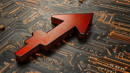 Red Upward Arrow on Circuit Board, up arrow, growth, progress, success, technology