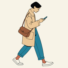 Stylish Woman Walking and Using Smartphone with Casual Outfit and Shoulder Bag