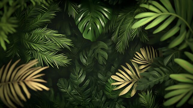 Lush Tropical Foliage Background, tropical leaves, lush foliage, green leaves, palm leaves, monstera leaves