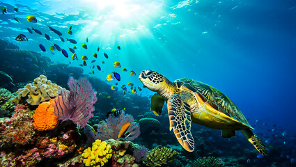 Fototapeta premium Tropical Coral Reef Ecosystem with Turtle – Ocean Wildlife Photography
