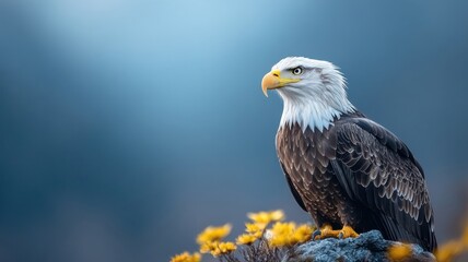 Fototapeta premium Professionally lit studio featuring an eagle, with soft lighting emphasizing its sharp eyes and strong wings against a clean, minimalistic backdrop.