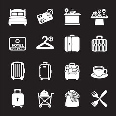 Collection of hotel related icons in white on a black background