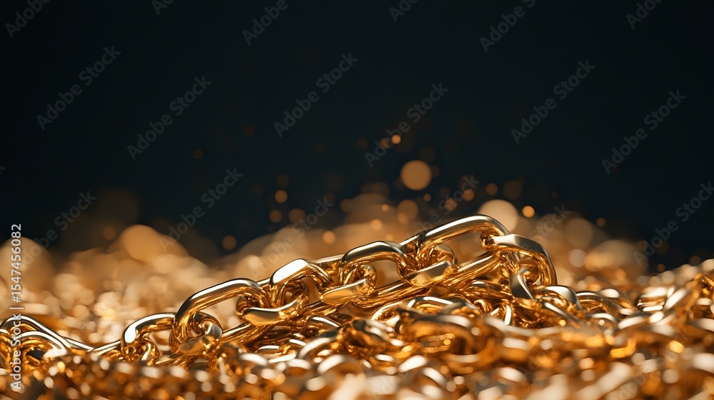 Poster golden metal chain links on dark background with soft bokeh lights and shallow depth of field, luxur