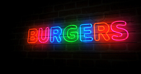 Burgers bar neon light 3d illustration
