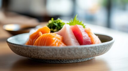 Close-up sashimi dish with vibrant colors, tuna, salmon, yellowtail slices on a decorative plate with artistic arrangement.