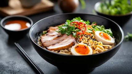 Lavish ramen dish in high-end restaurant, tender pork, rich broth, delicate herbs, edible flowers.