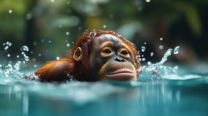 Orangutan diving into a jungle pool, with water splashing and capturing the excitement and freshness of the moment.
