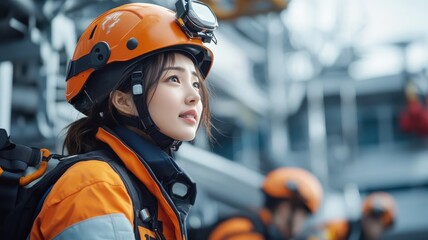 Asian women in rescue unit attire, leading a critical rescue operation, managing equipment and ensuring safety in a high-pressure environment.