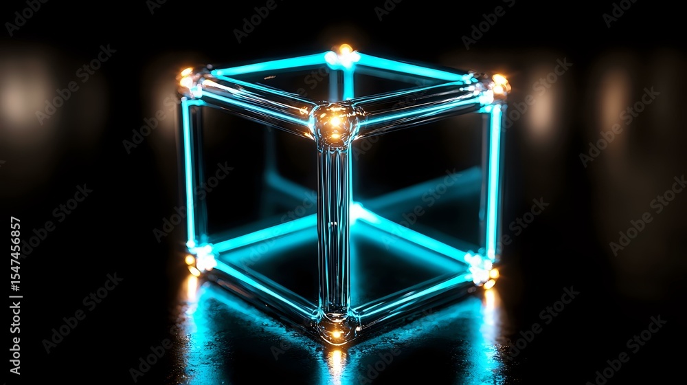 Poster glowing neon blue cube with illuminated edges and bright corner nodes floating in dark space, creati